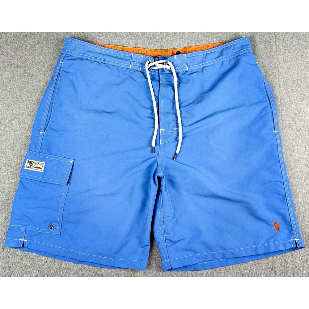 Polo Ralph Lauren Traveler Swim Trunks Blue Orange Pony Cargo Men L 36-38